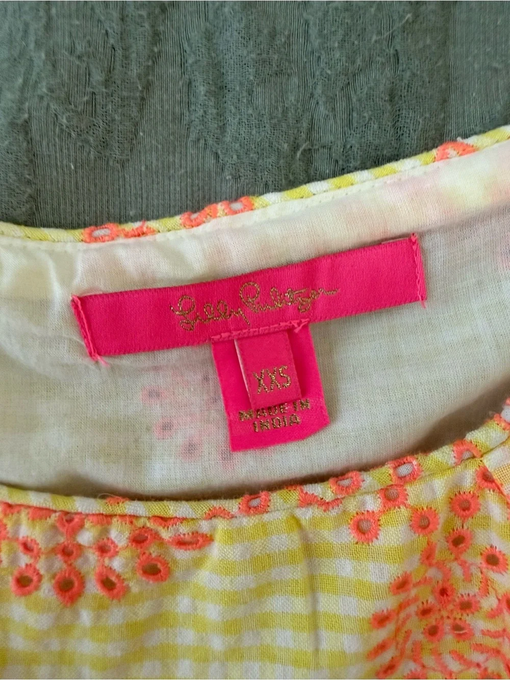 Lilly Pulitzer Yellow Eyelet Puff-Sleeve Top with Coral Embroidery
